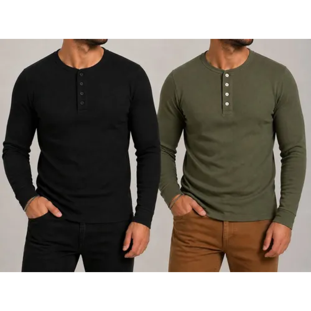 Kit com 2 Camisetas Henley Slim 4 Botões Manga Longa