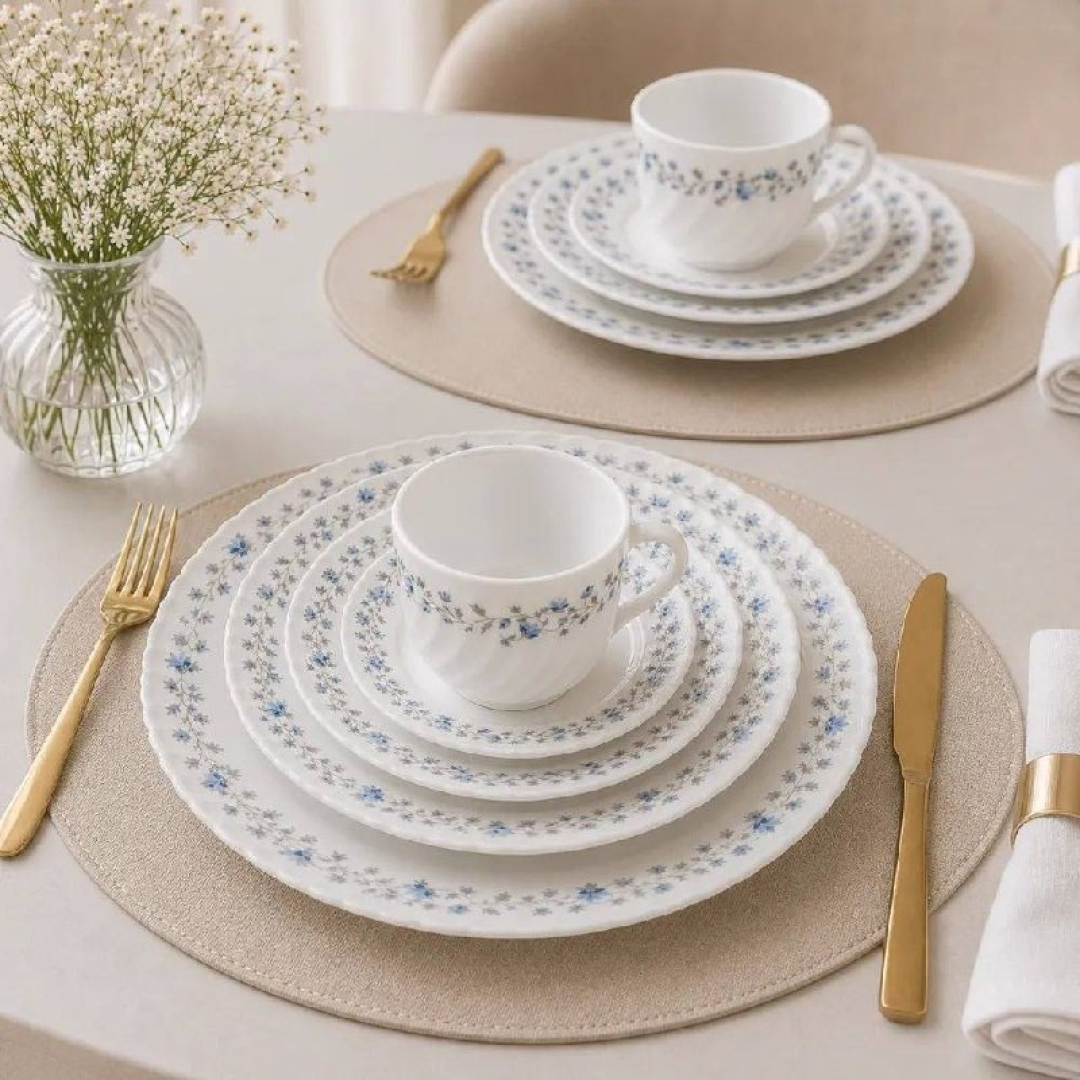 Aparelho De Jantar 20 Peças Vidro Opaline Para Mesa Posta Branco Floral
