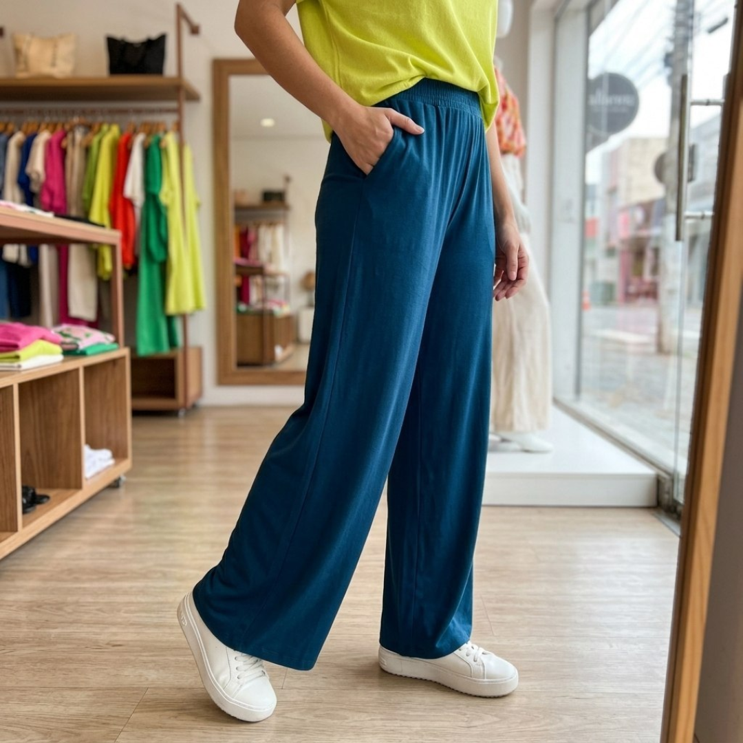 Calça Wide Leg Malha Com Bolso