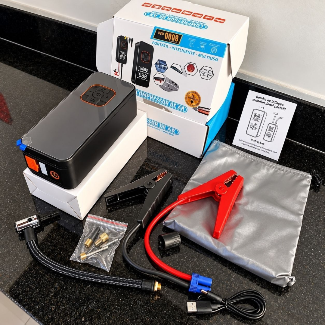 Kit Compressor de Ar Compacto 150 Psi + Auxiliar de Partida + Powerbank