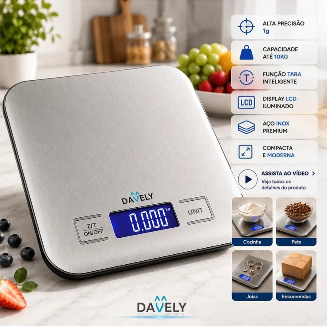 Balança Digital Cozinha eletrônica Touch 10kg Inox Display Led LCD Nutricional Davely