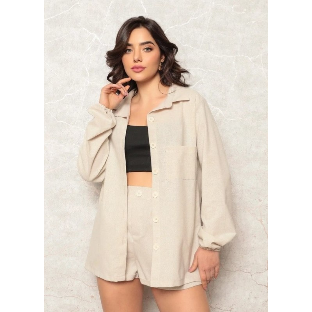 Conjunto Linho Feminino Camisa E Short Linha Premium