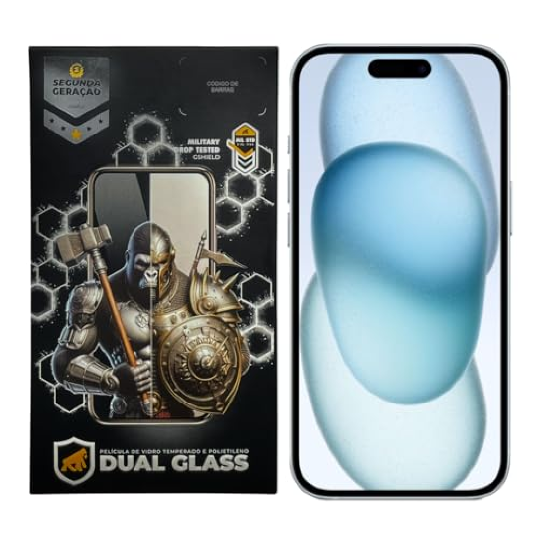 Gshield Película de Fibra de Vidro 10H Proteção Contra Arranhões e Impactos, Alta Sensibilidade Tela Toda, Dual Glass Preta (iPhone 15)