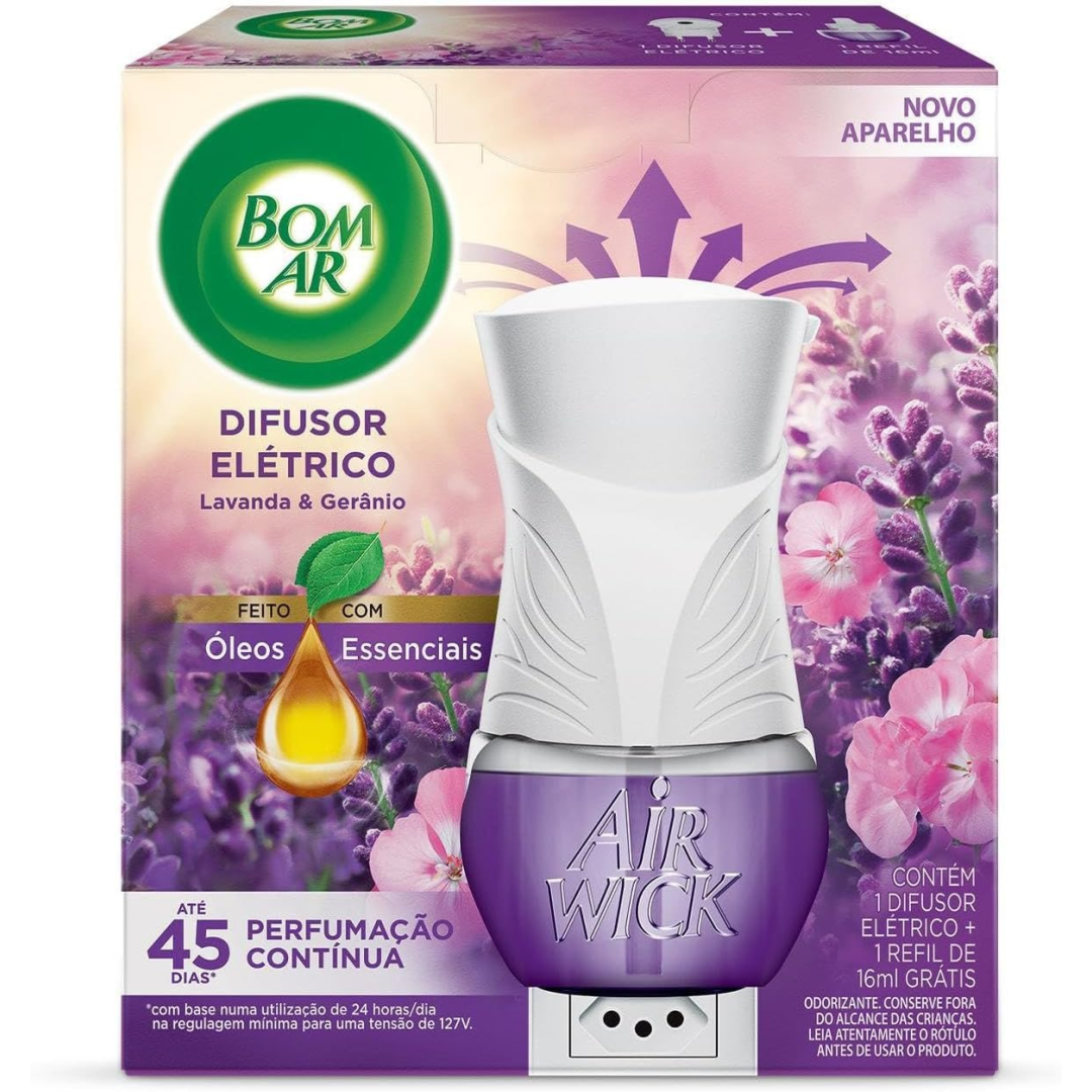 2x Bom Ar Difusor Elétrico Lavanda e Gerânio Aparelho + Refil 16ml