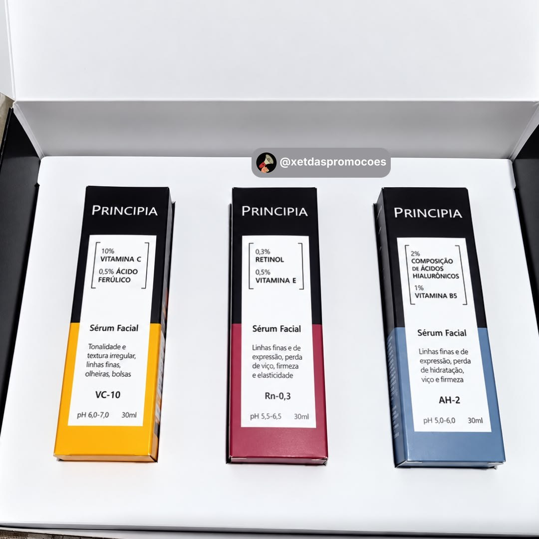 Kit com Principia Séruns Vitamina C + Retinol + Hialurônicos