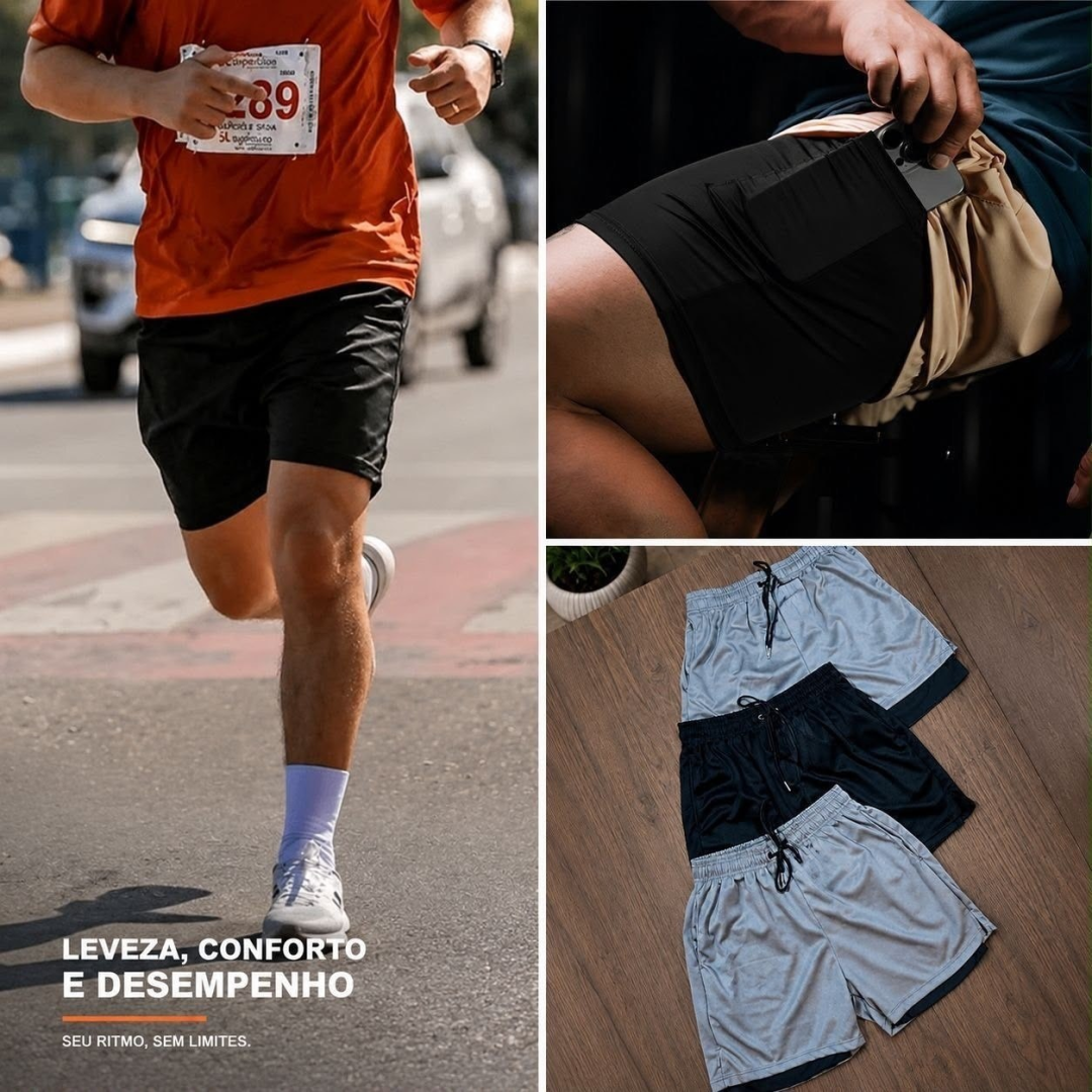 Kit com 3 Shorts 2 Em 1 De Compressão Corrida Academia