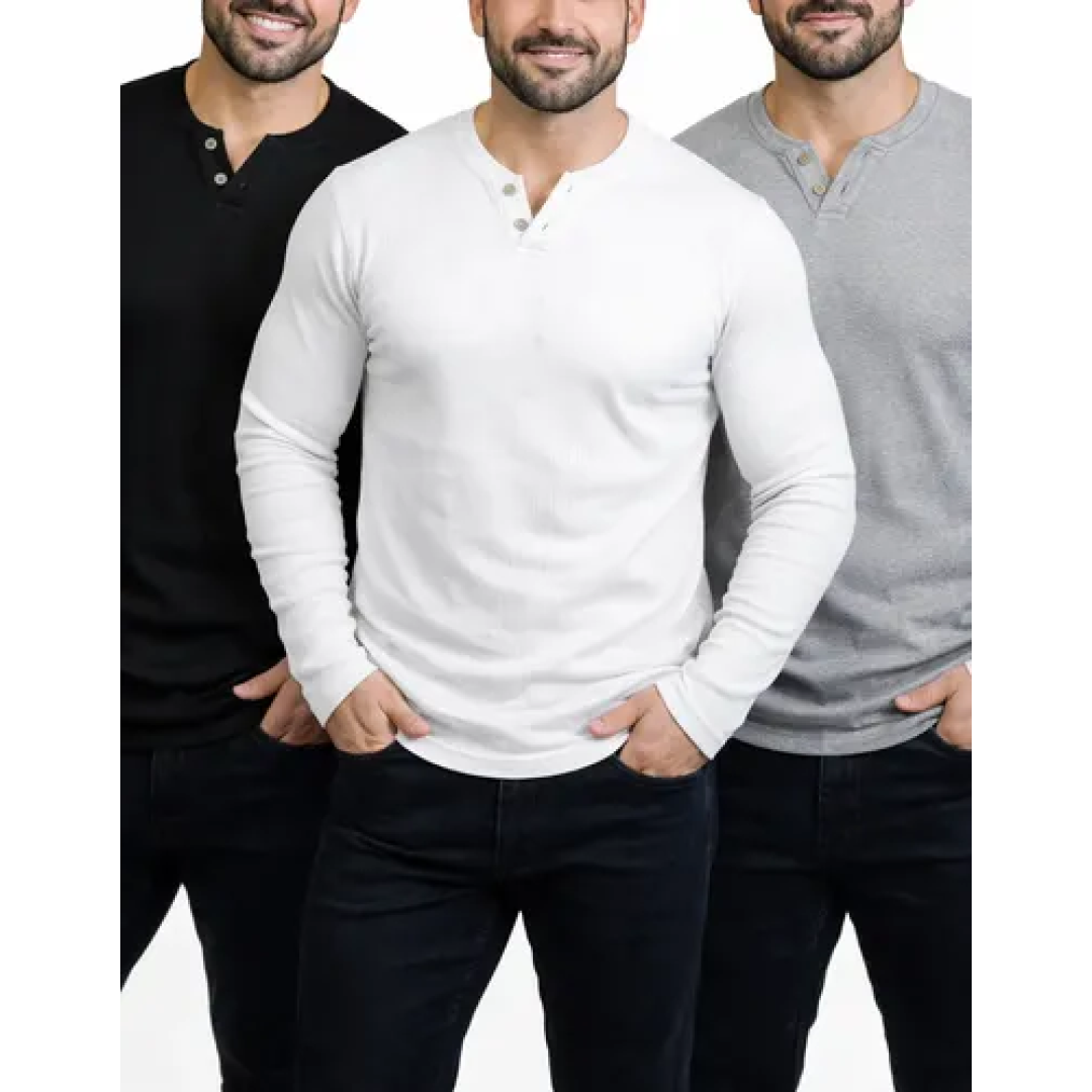 Kit com 3 Camiseta Henley Slim 2 Botões Manga Longa