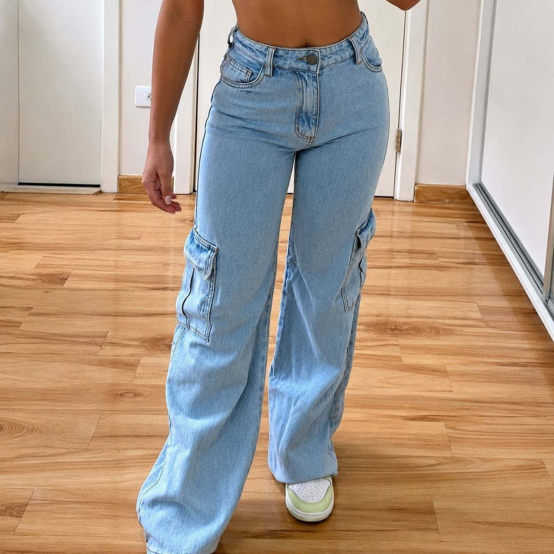 Calça Jeans Wide Leg Cargo Cintura Alta