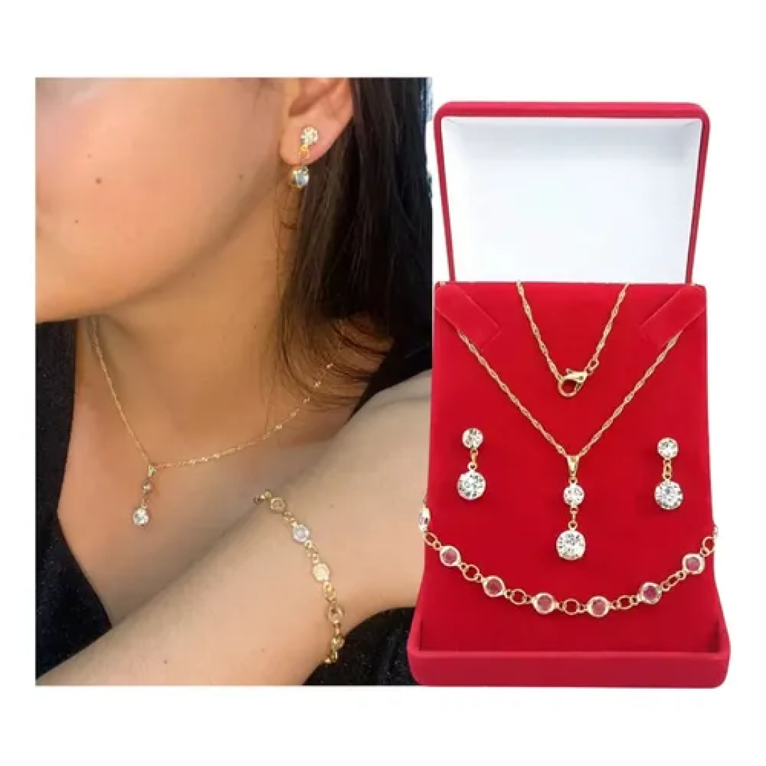 Correntinha Feminina Lindo Kit Com Colar Brincos Pulseira Dourado