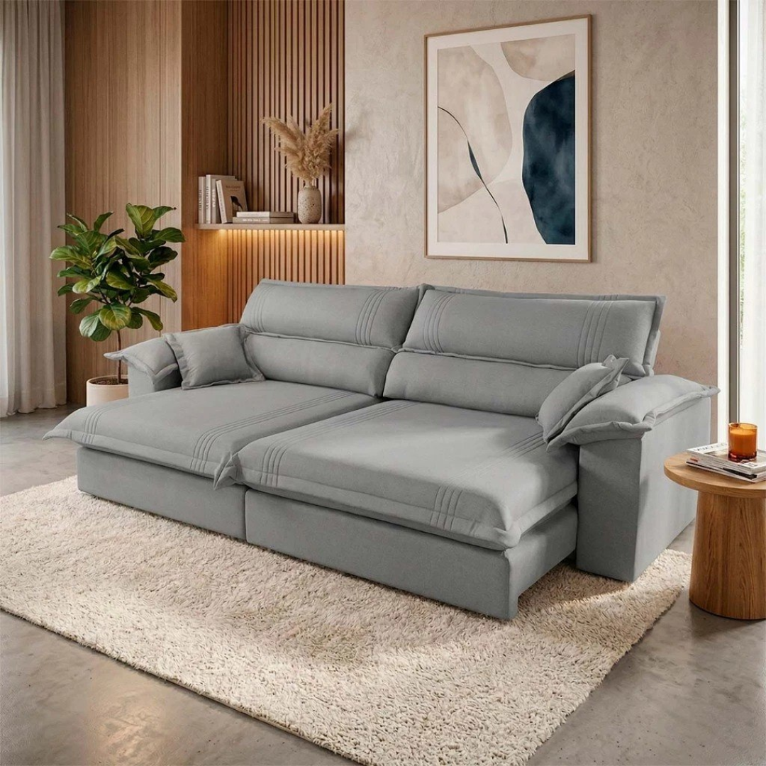 Sofá Retrátil Reclinável 2,30m Nivus Cinza c/ Molas Ensacadas - King House Espuma D33