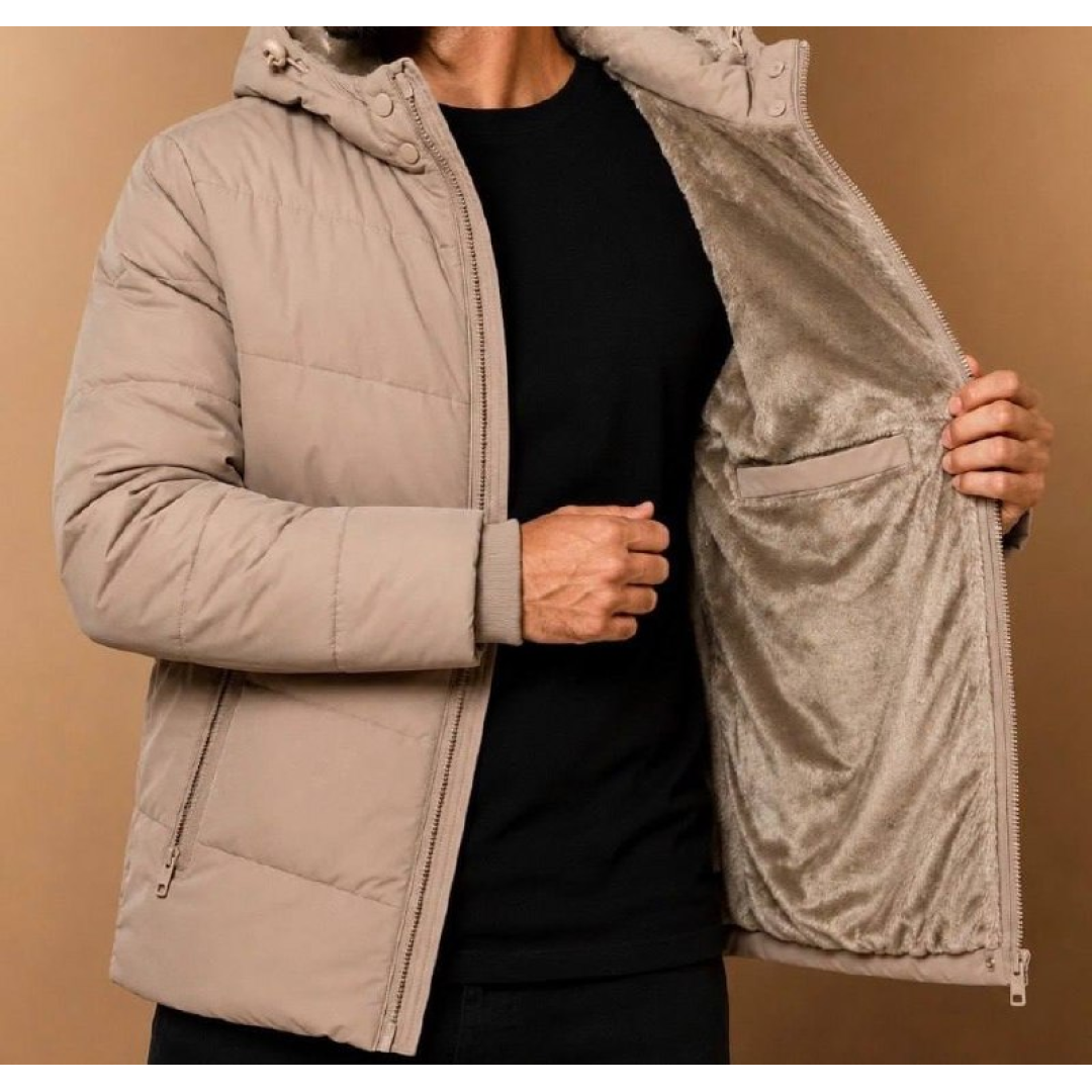 Jaqueta Puffer Masculina Térmica Com Capuz Forro Interno Cáqui M Lisa