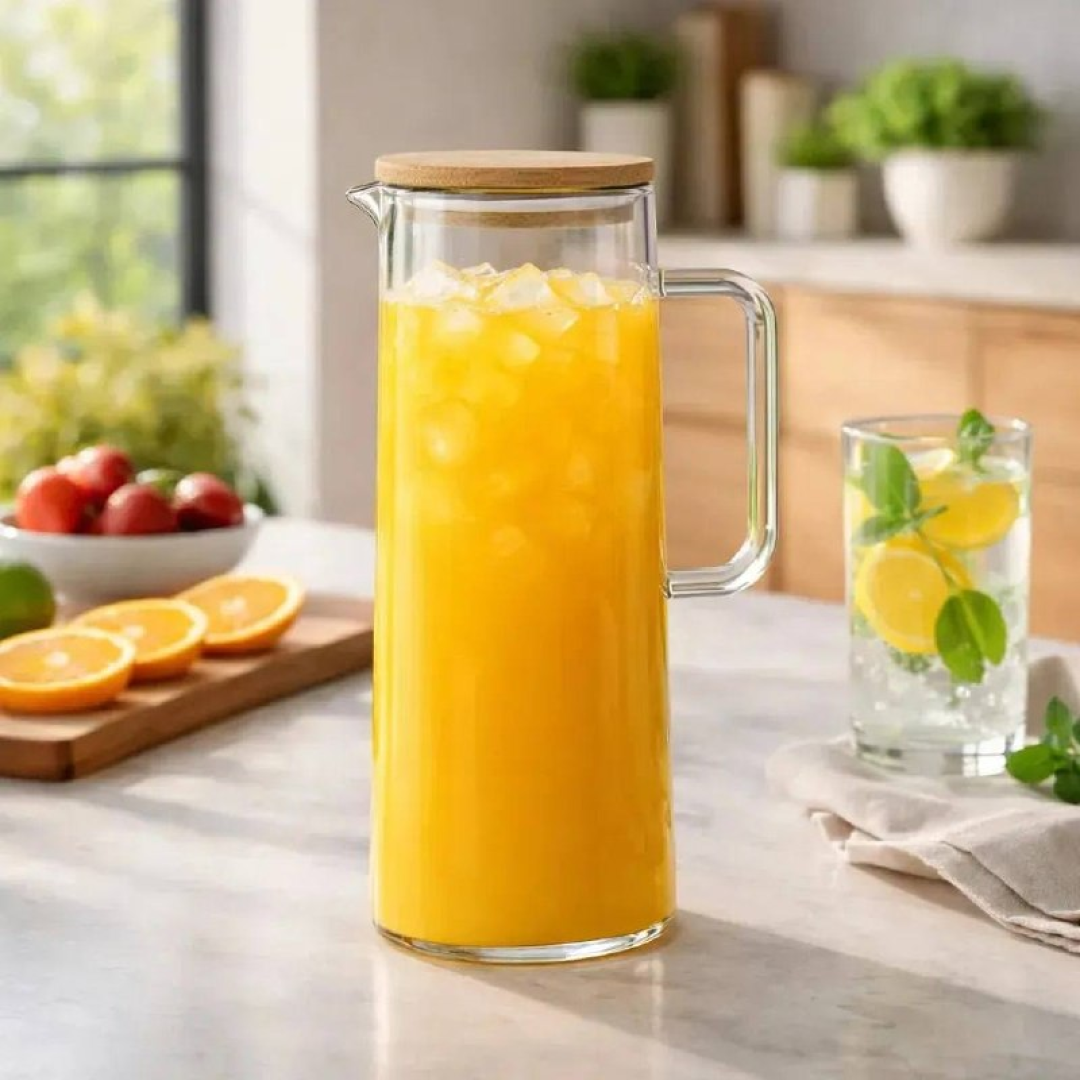 Jarra de Vidro Borossilicato Com Tampa Bambu Vedação Hermética 1,2l Transparente