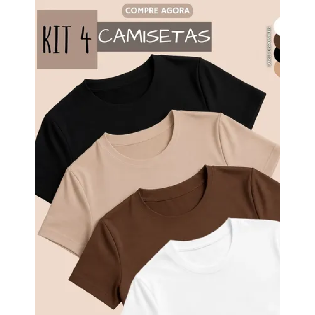 Kit 4 Blusas Feminina Suplex Estilosa T Shirt Básica Casual Preto + Branco + Marrom + Nude Liso P/m (36-38)
