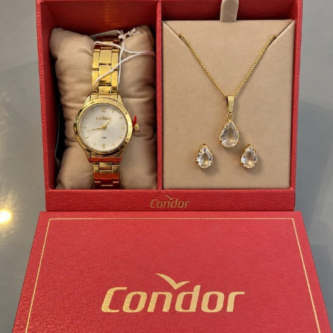 Relógio Feminino Condor Dourado Fundo Rosa Com Conjunto Semi-joia