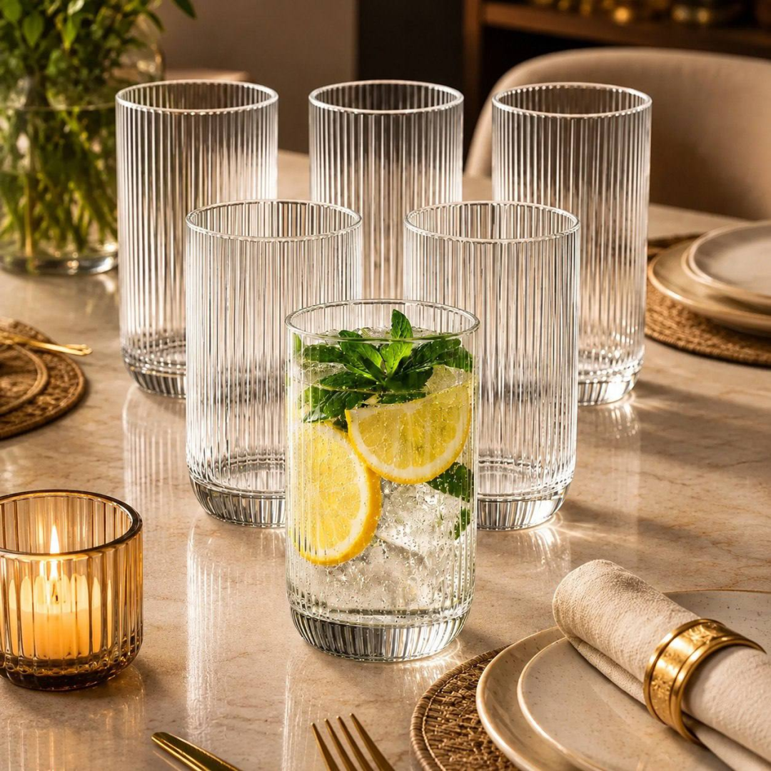 Copo de Vidro Canelado 400ml para Mesa Posta e Drinks, Pack com 6
