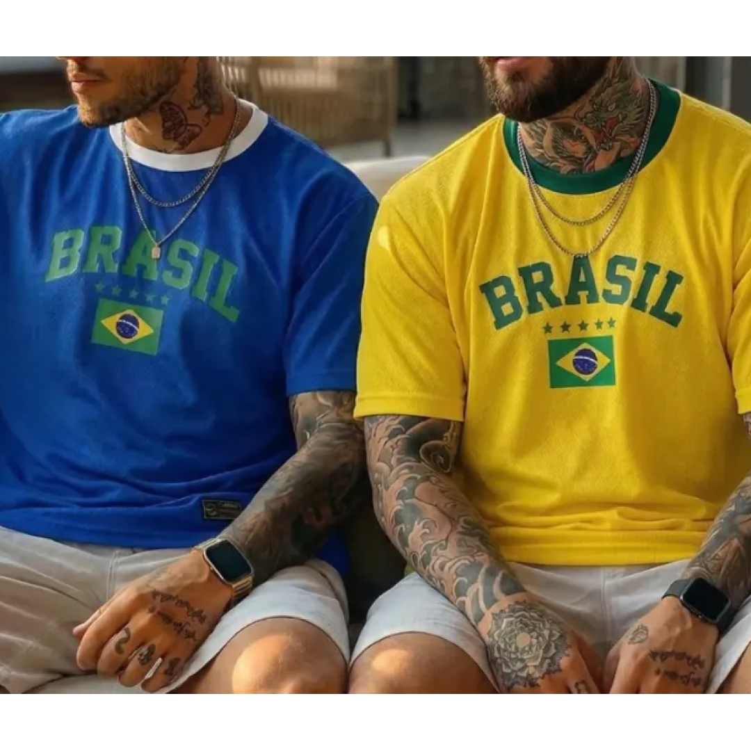 Blusa Brasil Retrô Estampada Bandeira Camiseta Masculina