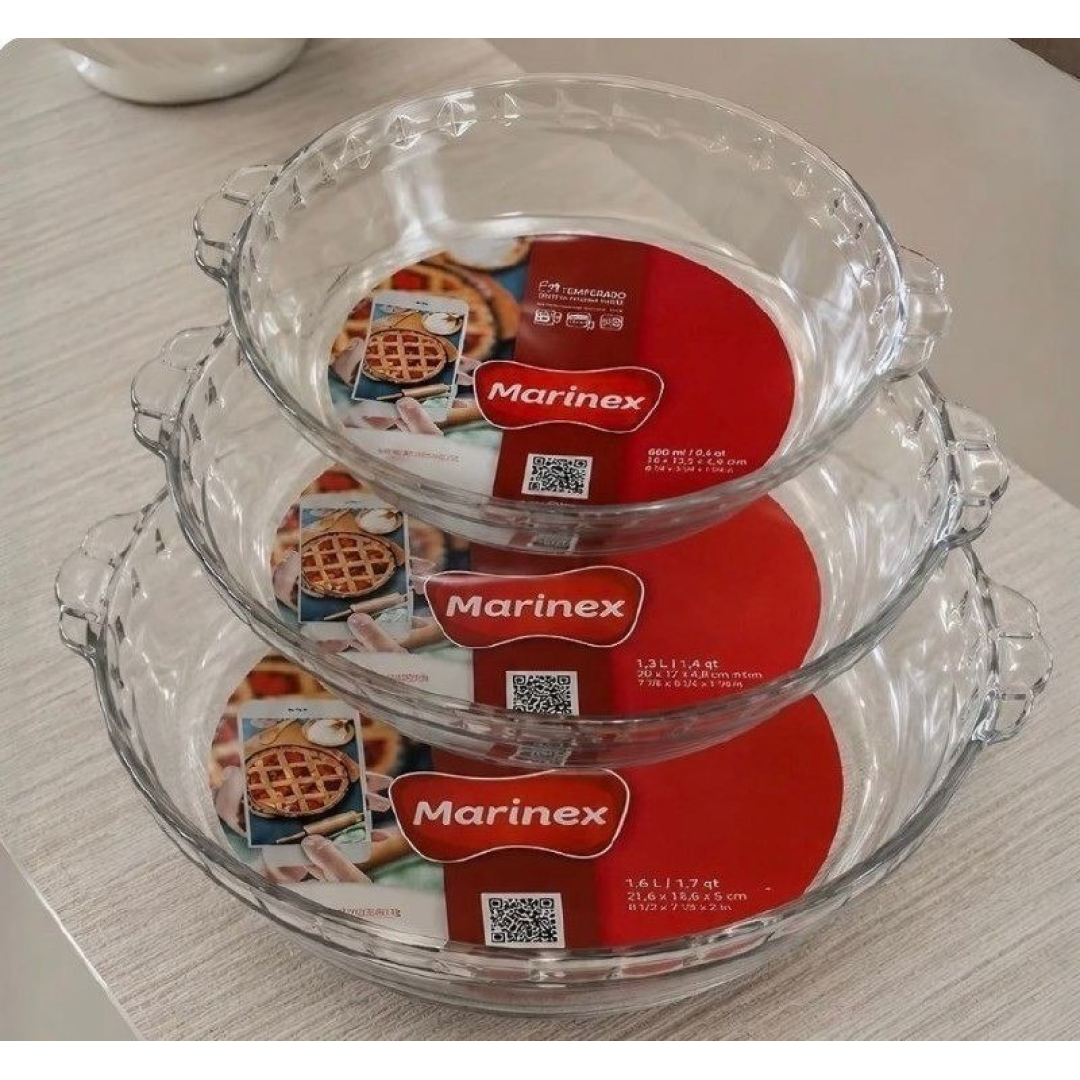 Kit com 3 Formas de Vidro Redonda Filetada Marinex