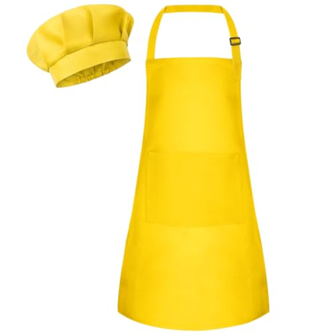 Bouiexye Conjunto de avental infantil e chapéu de chef, avental infantil ajustável com 2 bolsos, pintura de chef para cozinhar e assar