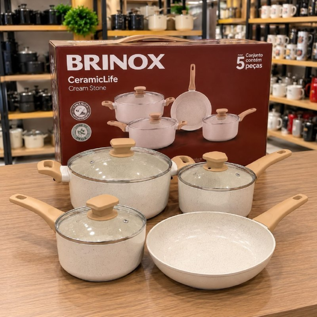 Jogo de Panelas Brinox 5 Peças Alumínio Cerâmico Creme