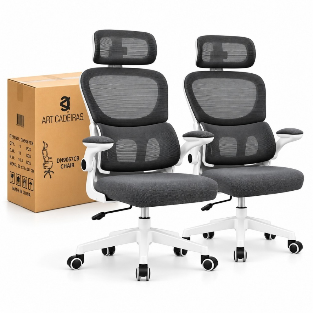 Kit com 2 Cadeiras Ergonômica Presidente Com Apoio Lombar Ajustável E Encosto Em Malha Respirável