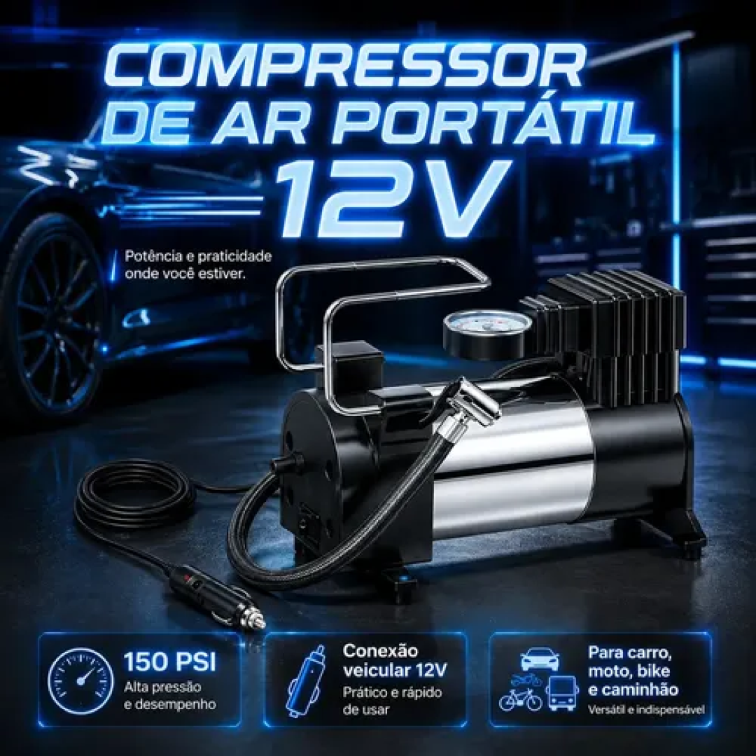 Compressor Portátil Digital 150psi USB C p/ Carro e Moto