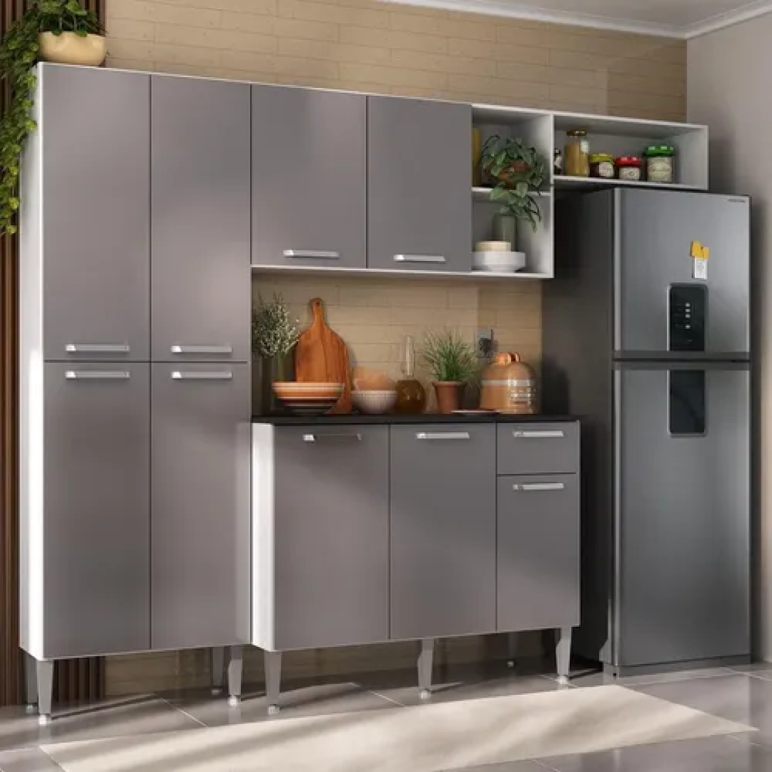 Armário Cozinha Modulada Completa Mp2933multimóveis Br/cinza Branco/lacca Fumê