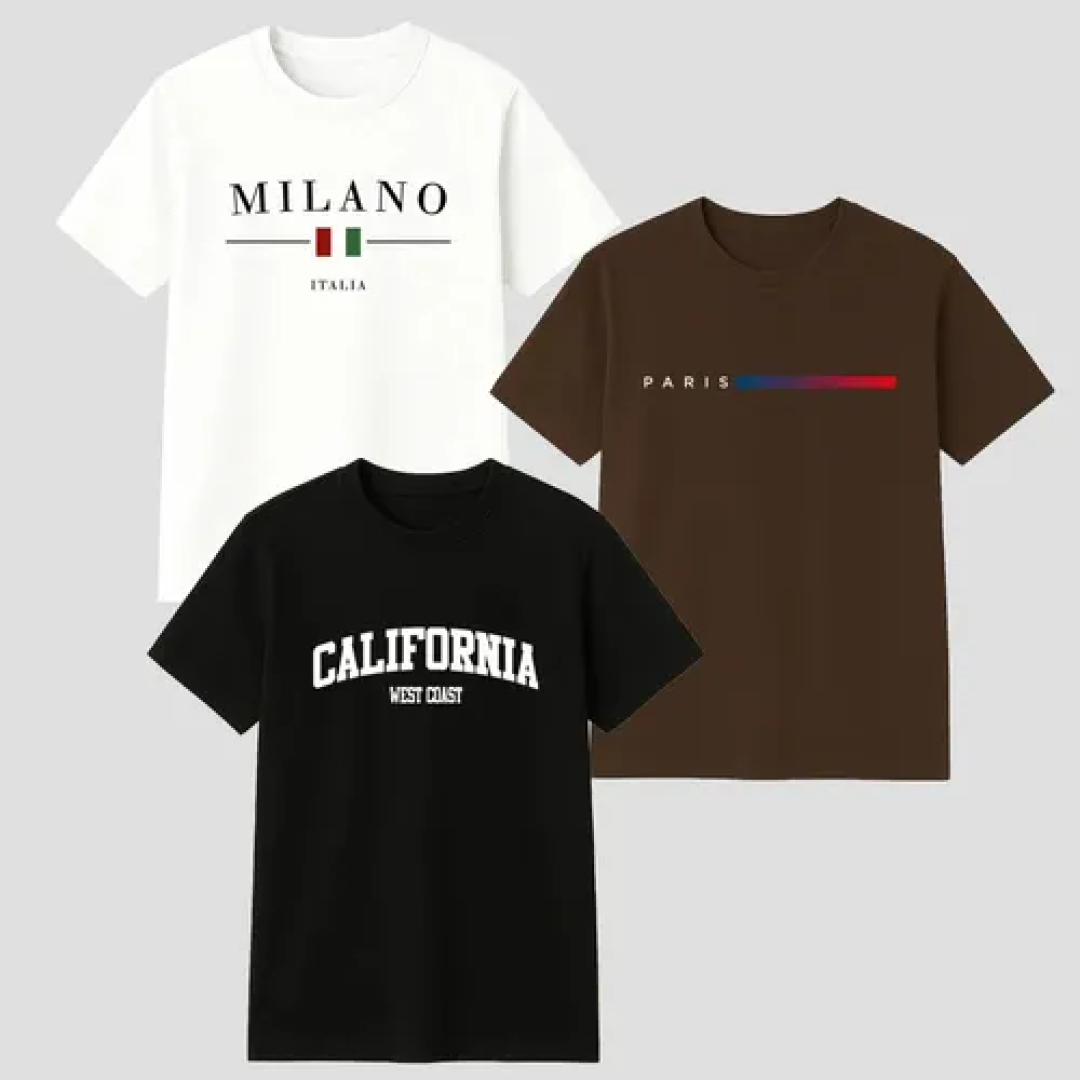 Kit com 3 Camisetas de Algodão Milano Paris Califórnia