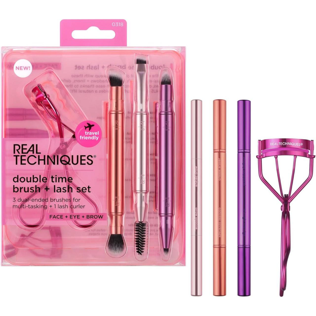 Real Techniques Pincel duplo + conjunto de 4 peças, pincéis de maquiagem de ponta dupla para sombra e sobrancelhas, tampas de pincel para viagem, para...