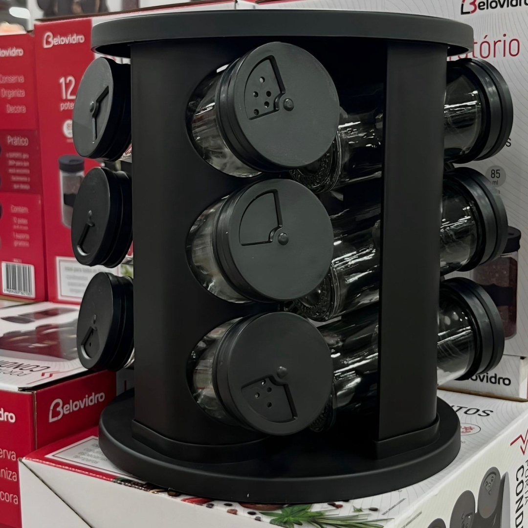 Porta Tempero Giratório com 9 Potes de Vidro
