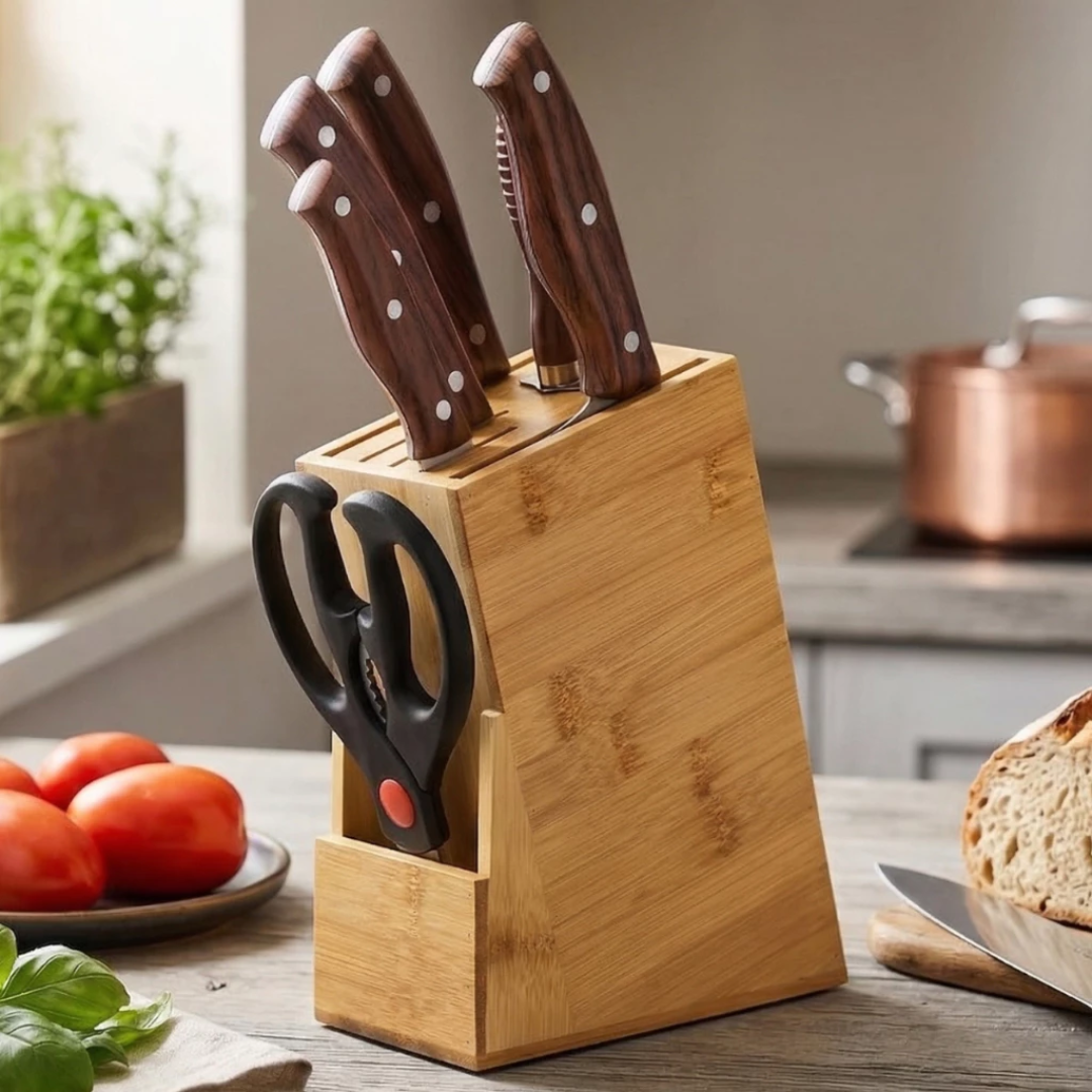 Suporte Faqueiro Organizador de Facas Cepo Bambu Anti Fungos Tesouras Faqueiro