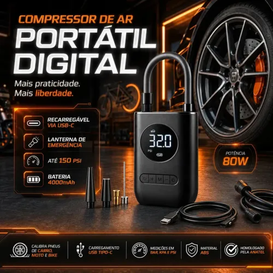 Compressor de Ar Digital Mini Portátil Recarregável