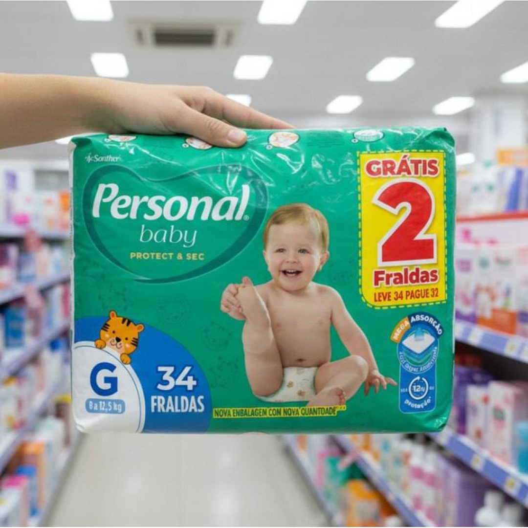 Fralda Infantil Personal Baby Protect e Sec G Mega 9x34pads Leve 34 pague 32 Unidades