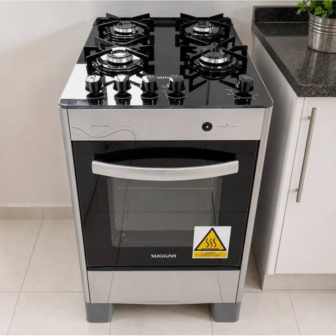 SUGGAR FOGÃO NEO GLASS PRATA MESA DE VIDRO 4 BOCAS TREMPE 6 APOIOS ACENDIMENTO AUTOMÁTICO FGVNG410PRIX