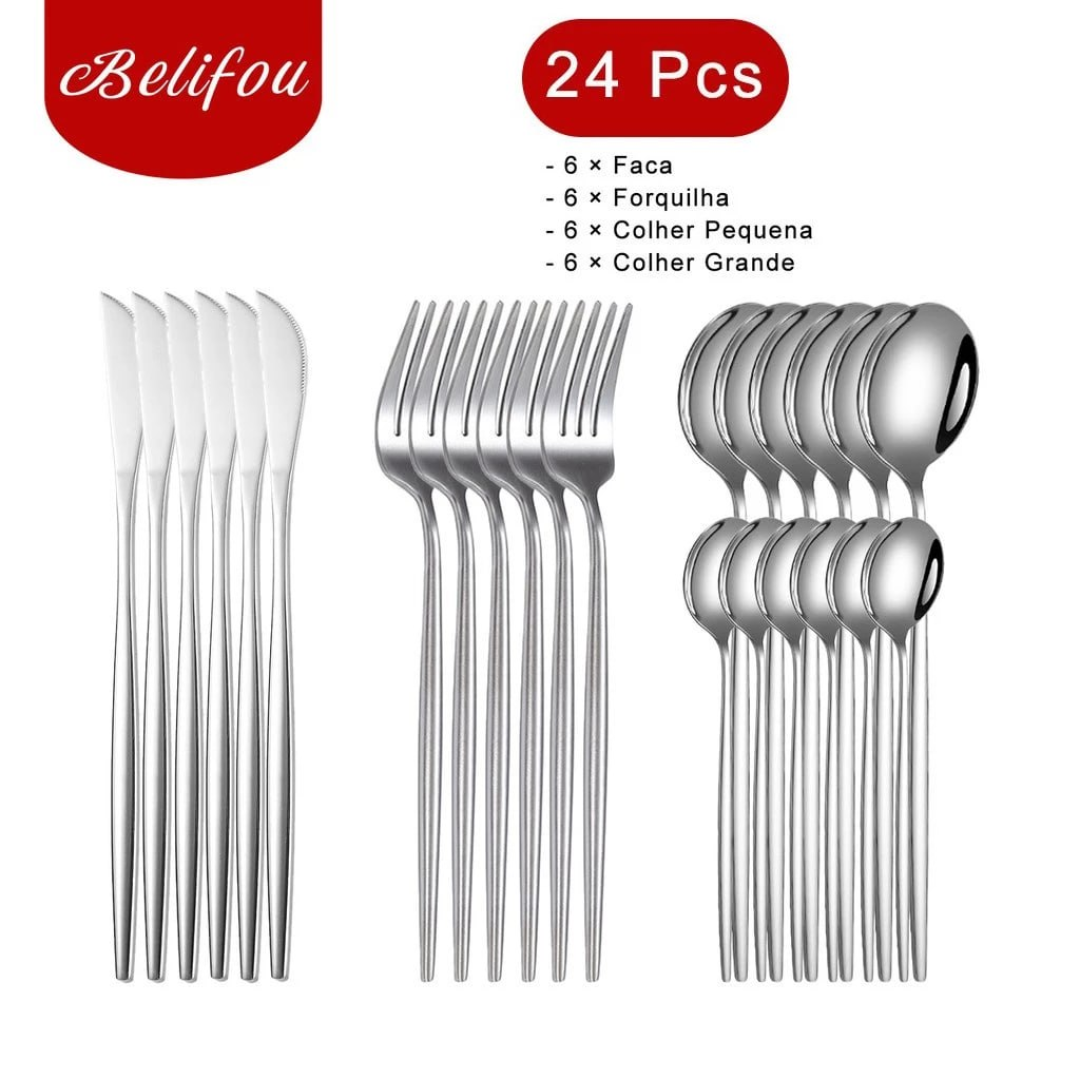 Belifou Kit 24 Jogo De Talheres Inoxidável Suprimentos Cozinha Talheres Dourados Talheres