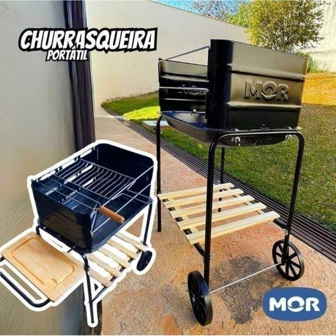 Churrasqueira Carvão Móvel Califórnia Preta Grelha e Espetos - Mor