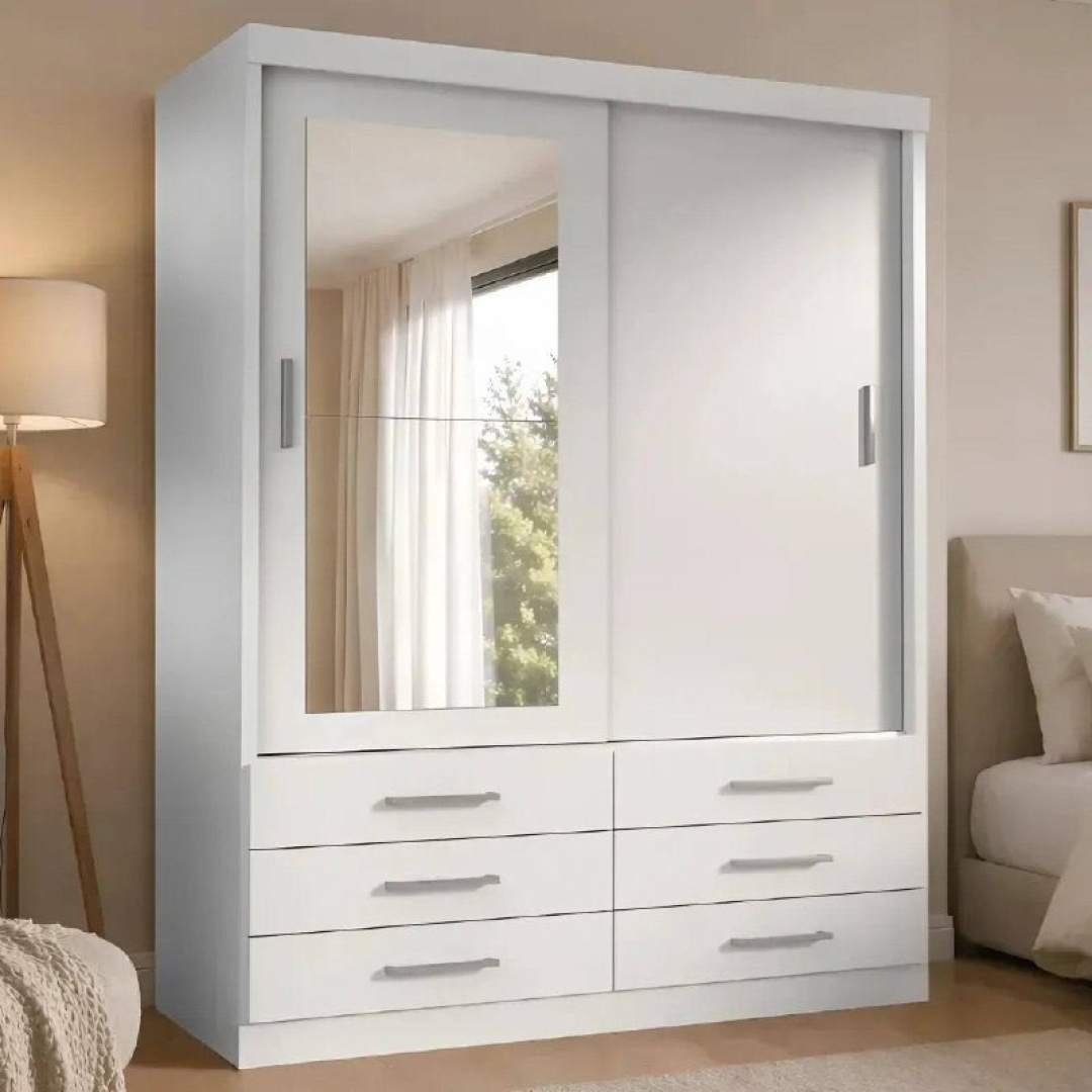 Guarda Roupa Solteiro Capri 2 Portas 6 Gavetas com Espelho Branco