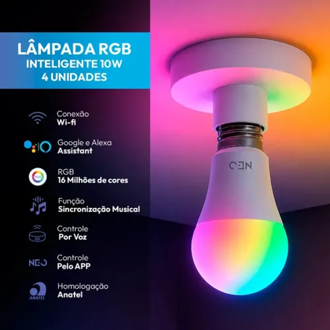 Kit 4 Lampadas Led Pera Smart Inteligente Wi Fi 2.4ghz Alexa Google 10w Rgb 2700k/6500k Branco Quente/neutro/frio E27 Cod: 290028177-4 Avant Neo