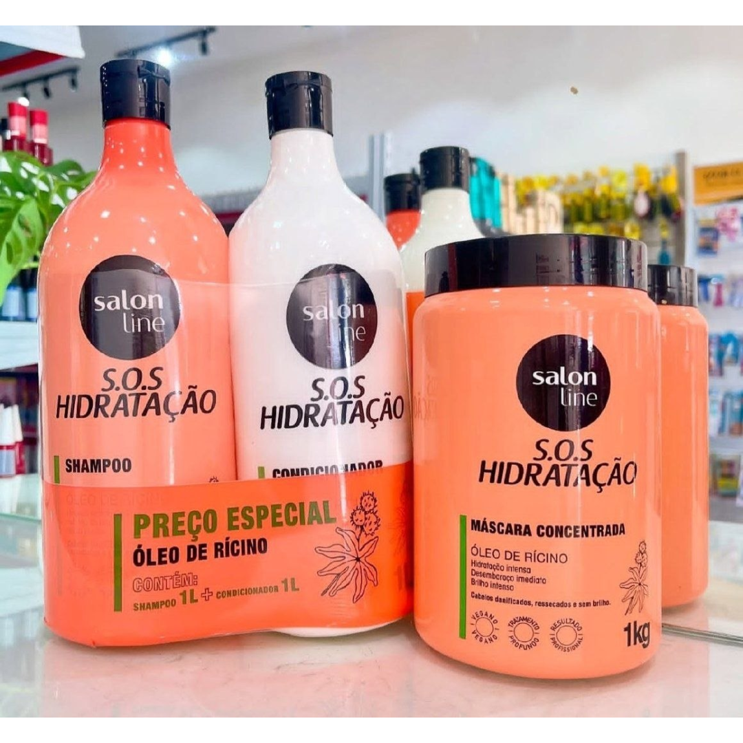 Kit Shampoo E Condicionador 1l + Máscara 1kg Sos Hidratação com Óleo de Rícino Linha de Tratamento Cabelos Danificados