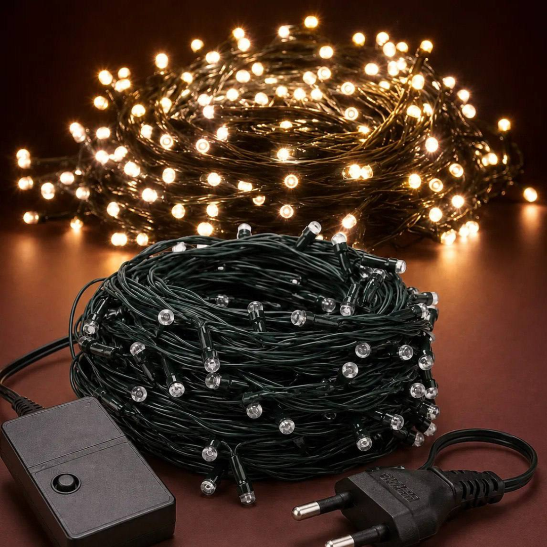 Cordão 200 Leds Pisca 20 Metros 8 Funções V8 Natal Fio Verde Branco Quente 220v
