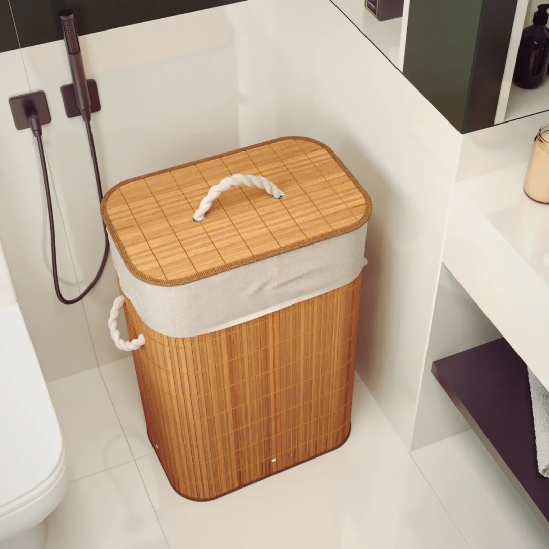 Cesto De Roupa Suja Bambu 72 Litros Dobravel Forro Antimofo