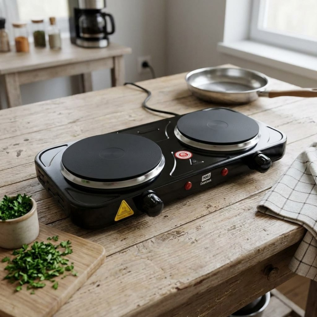 Fogão de Mesa Elétrico INMA de 2 Bocas para Camping e Viagem, em Inox