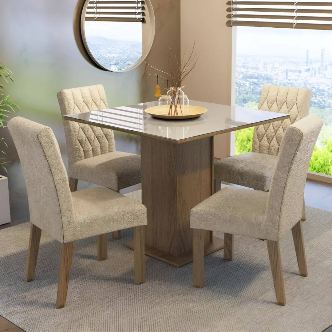 Sala Jantar Estofada Mesa Tampo Vidro 4 Cadeiras Madesa Anaju Rci Cor Rustic/crema/imperial Mdja0401387gsim Liso