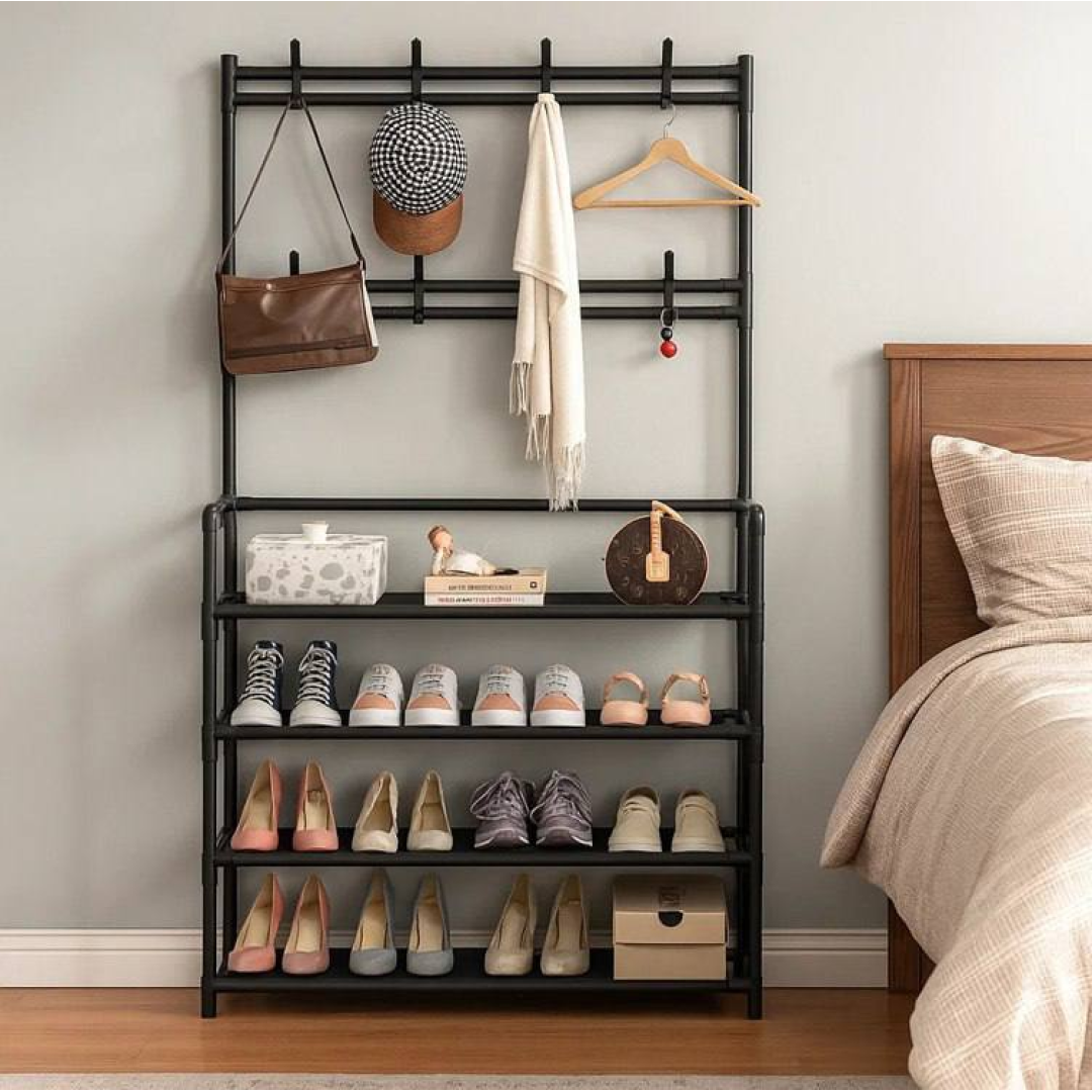 Vittak Sapateira Organizador Vertical Cabideiro Roupa Prateleiras Sapatos Bolsa Multiuso Cor Preto