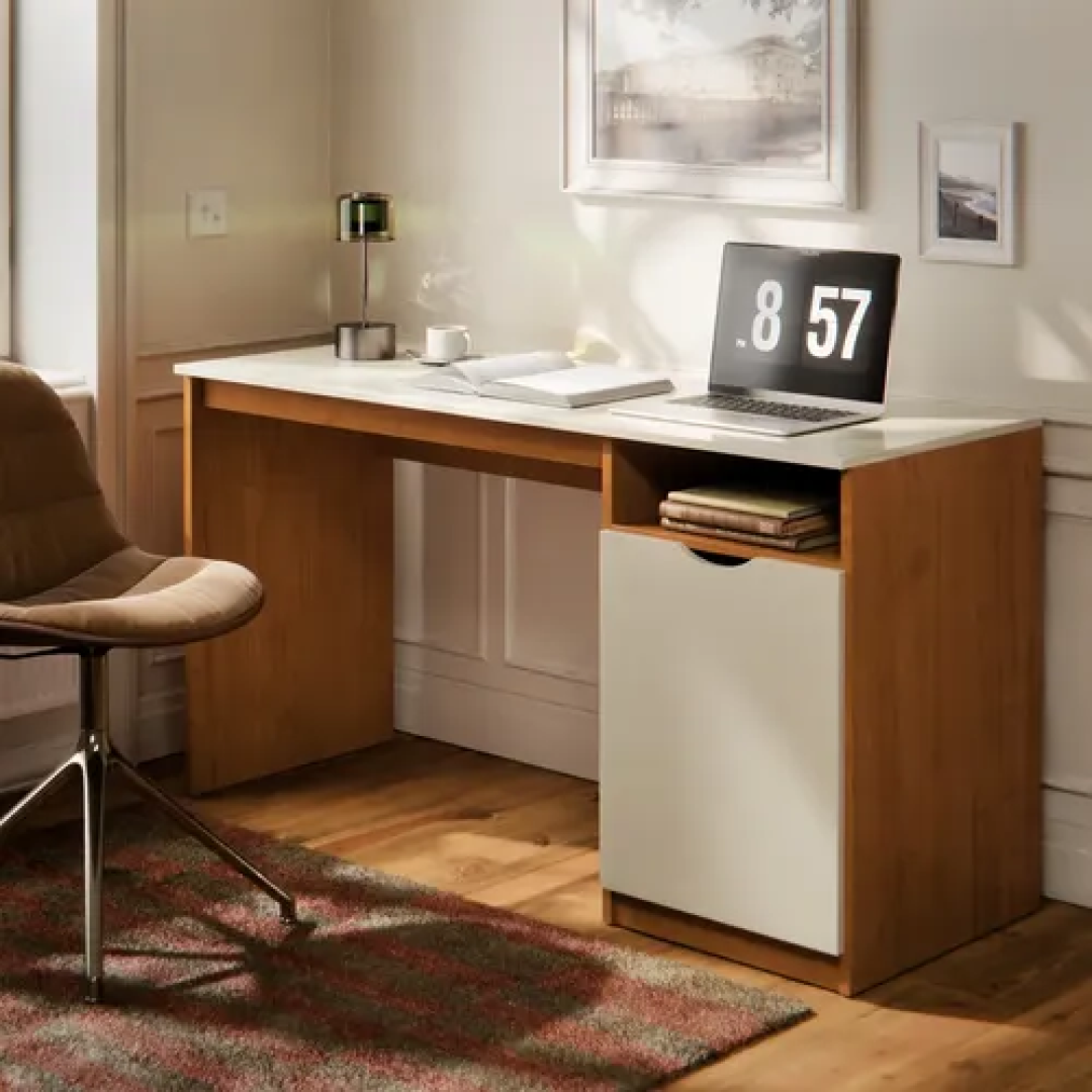 Escrivaninha Para Computador 115cm Com Porta E Nicho Mesa Home Office Escritório Quarto Estudo Notebook Moderna Canela Off White