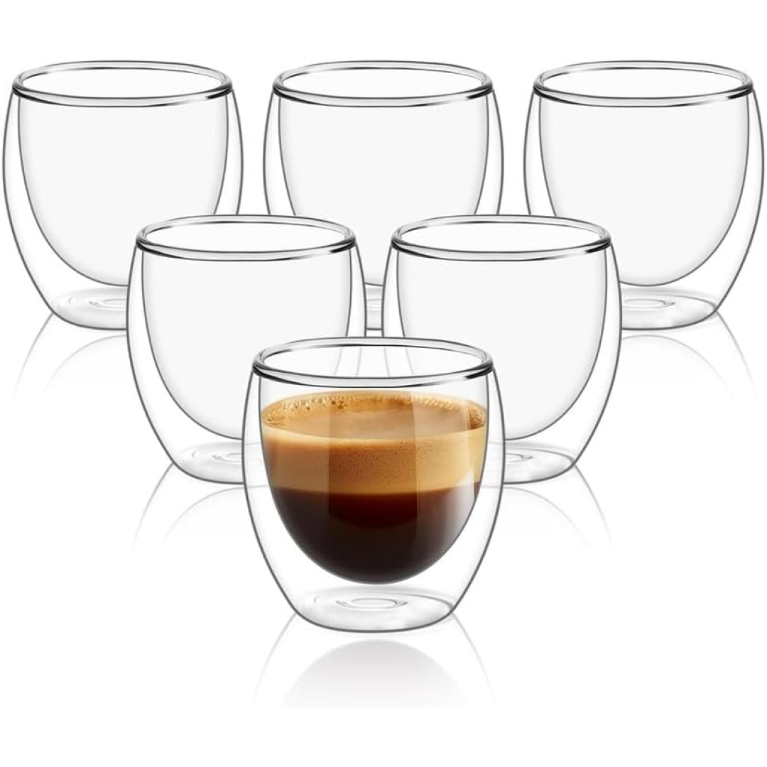 Conjunto com 6 Xícaras de 80ml Vidropara Café de Parede Dupla, Feito de Vidro Borossilicato - Kit de Xícaras para Chá, Café e Bebidas Quentes- Presente Elegante