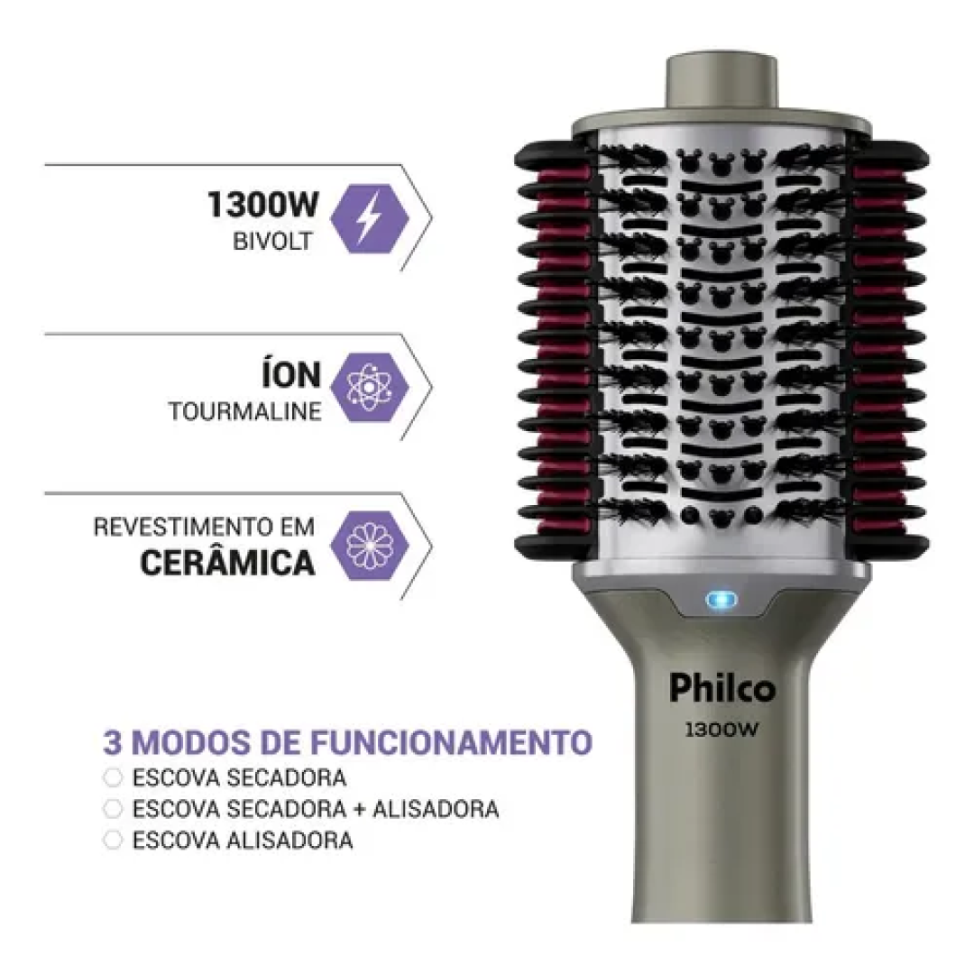 Escova Secadora Pes30 Multicerdas 4 Em 1 1300w Philco Bivolt Prateado