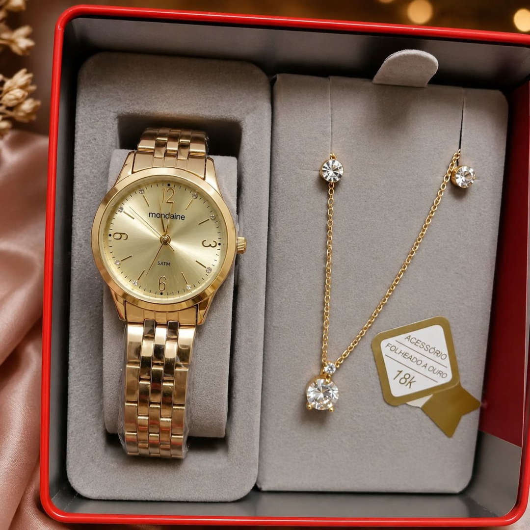 Kit Relógio Mondaine Pequeno Dourado E Colar De Cristal