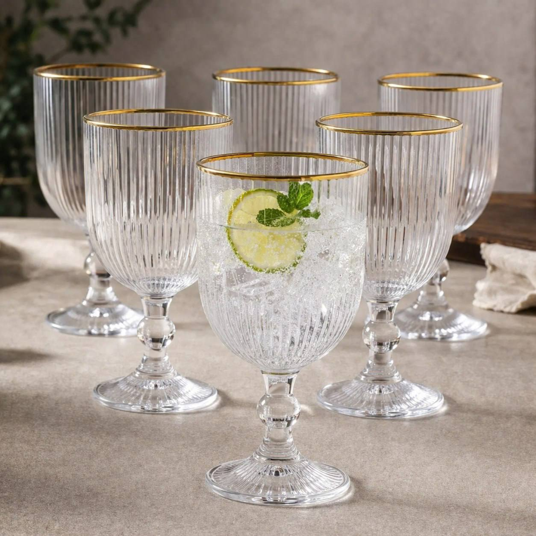 Jogo 6 Taças de Vidro Canelado com Borda Dourada Grafiatto 340ml Transparente para Drinks e Sucos Luxo Mesa Posta Viacruz