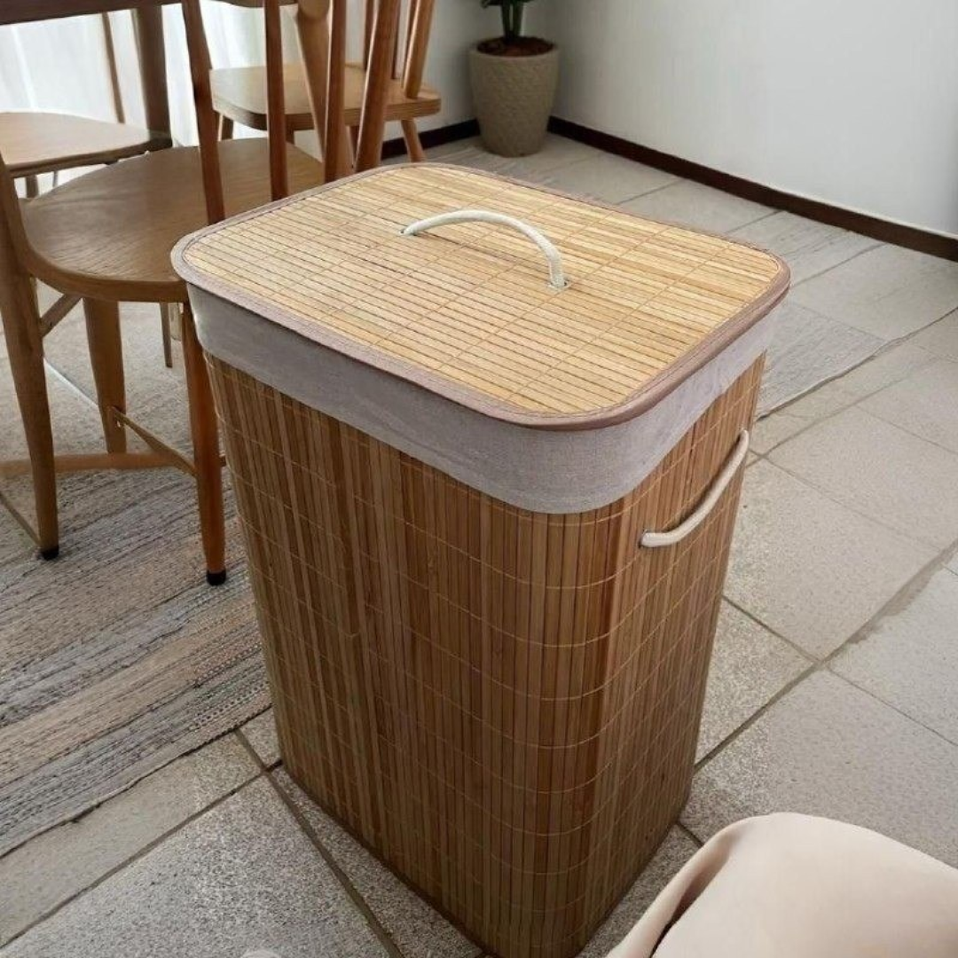 Cesto de Roupa Suja com Alças em Bambu 72L