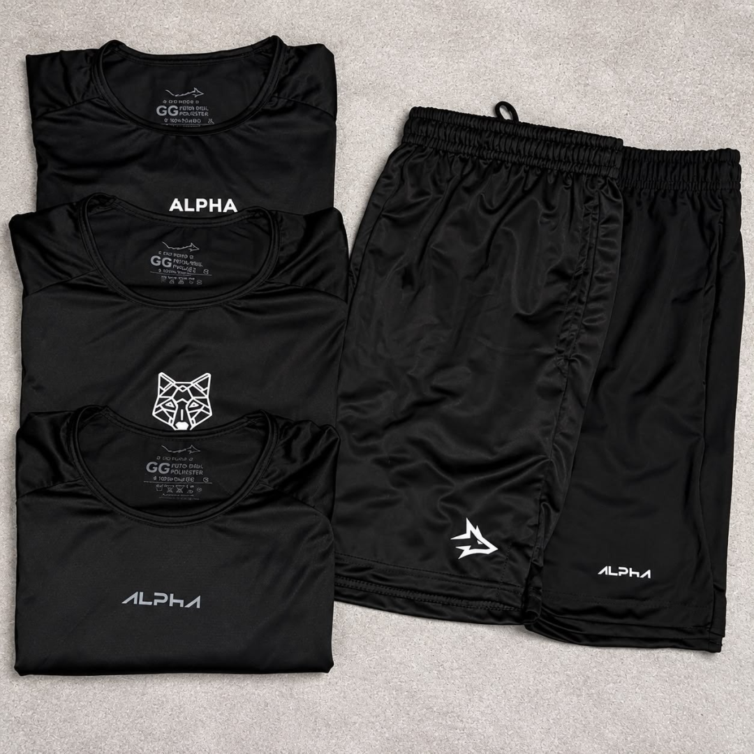 Kit com 5 peças Dry All Black Alpha 3 Camisetas + 2 Bermudas